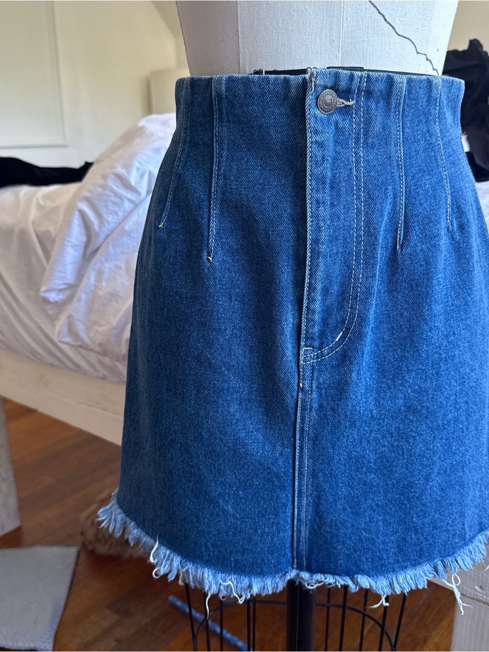 Denim High-Waist Mini Skirt with Frayed Hem - Blue